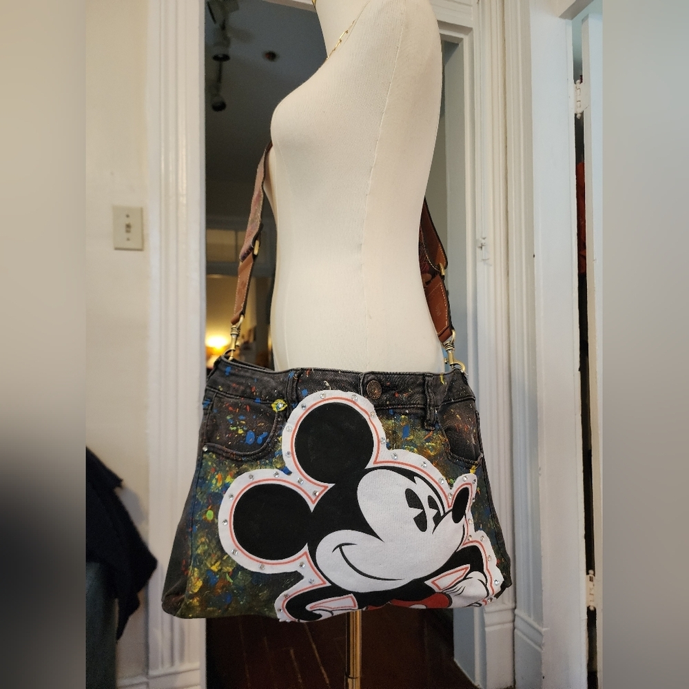 Hand Crafted Multicolor Mickey Mouse Denim Crossbody Bag - Picture 3 of 5